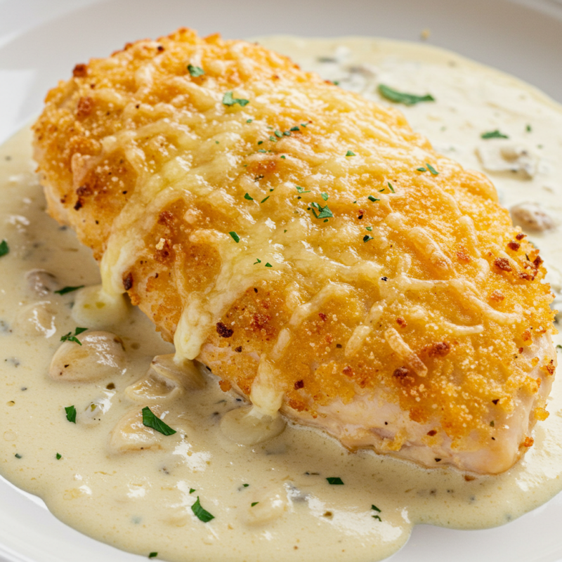 Parmesan Crusted Chicken with Creamy Garlic Sauce