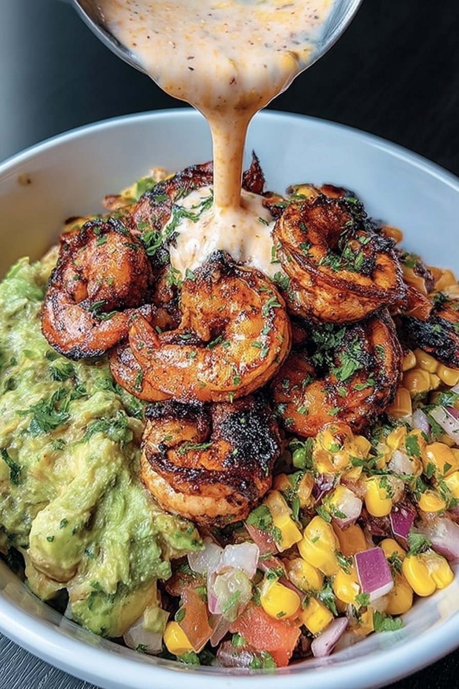 Grilled Shrimp Bowl with Avocado, Corn Salsa & Creamy Garlic Sauce