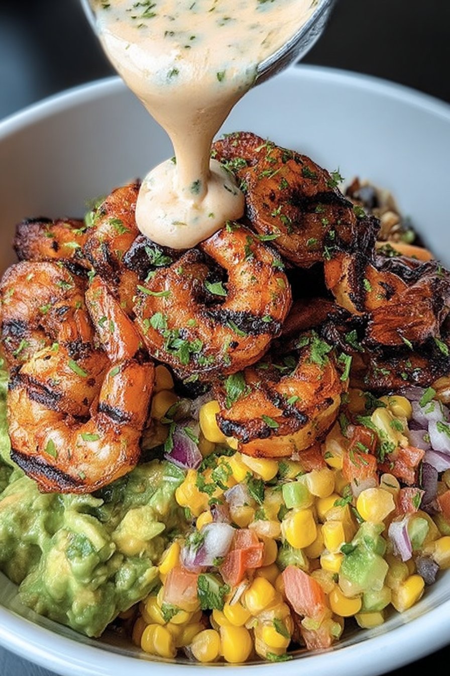 Grilled Shrimp Bowl with Avocado, Corn Salsa & Creamy Garlic Sauce