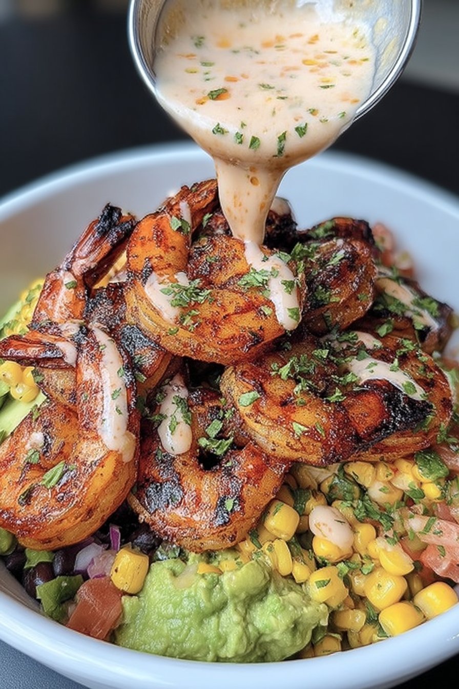 Grilled Shrimp Bowl with Avocado, Corn Salsa & Creamy Garlic Sauce