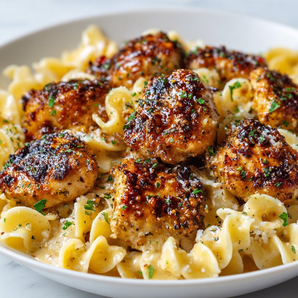 Garlic Butter Chicken Bites with Savory Creamy Parmesan Pasta