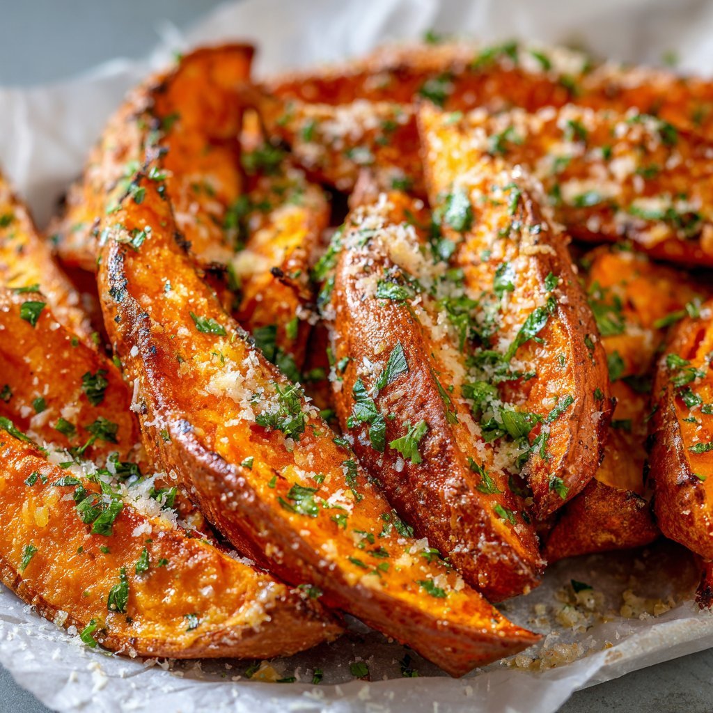 Easy Baked Garlic Parmesan Sweet Potato Wedges