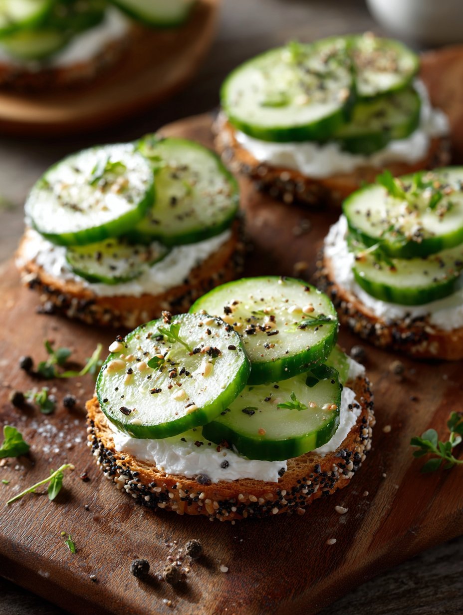 cucumber slices topped with cream cheese on bagel