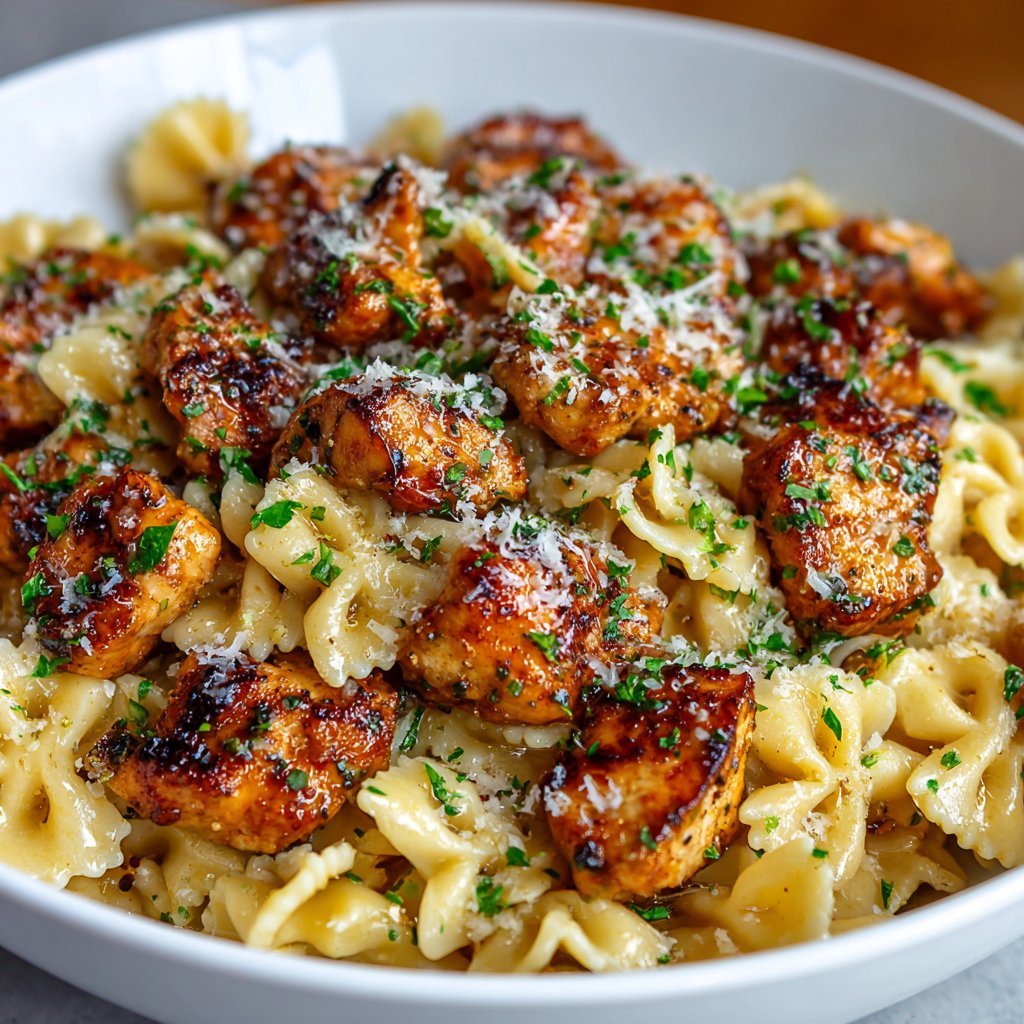 Garlic Butter Chicken Bites with Savory Creamy Parmesan Pasta