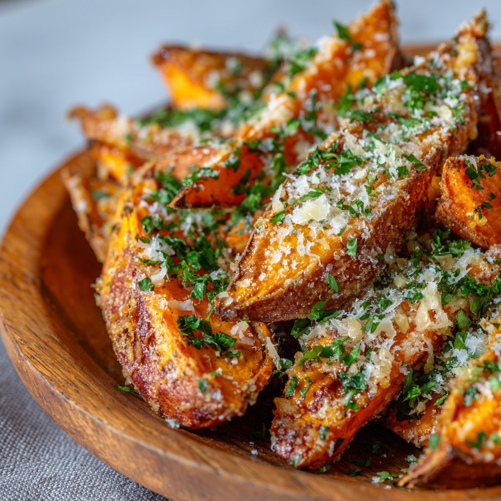 Easy Baked Garlic Parmesan Sweet Potato Wedges