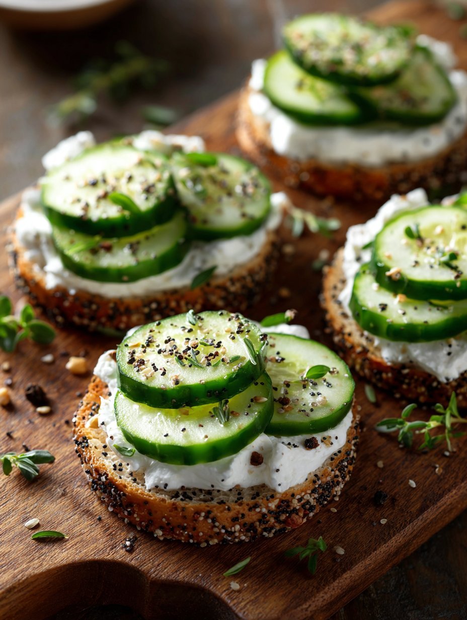 cucumber slices topped with cream cheese on bagel