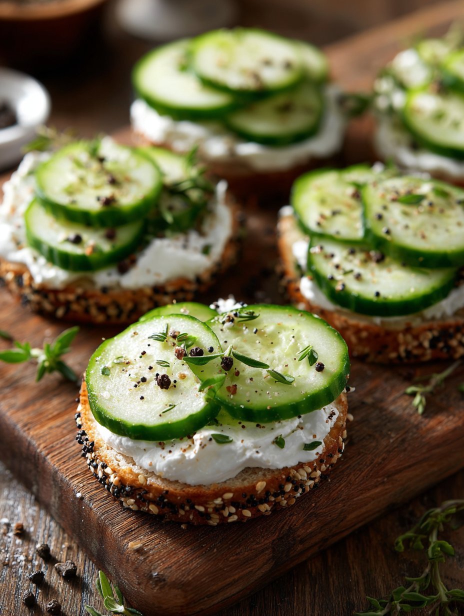 cucumber slices topped with cream cheese on bagel