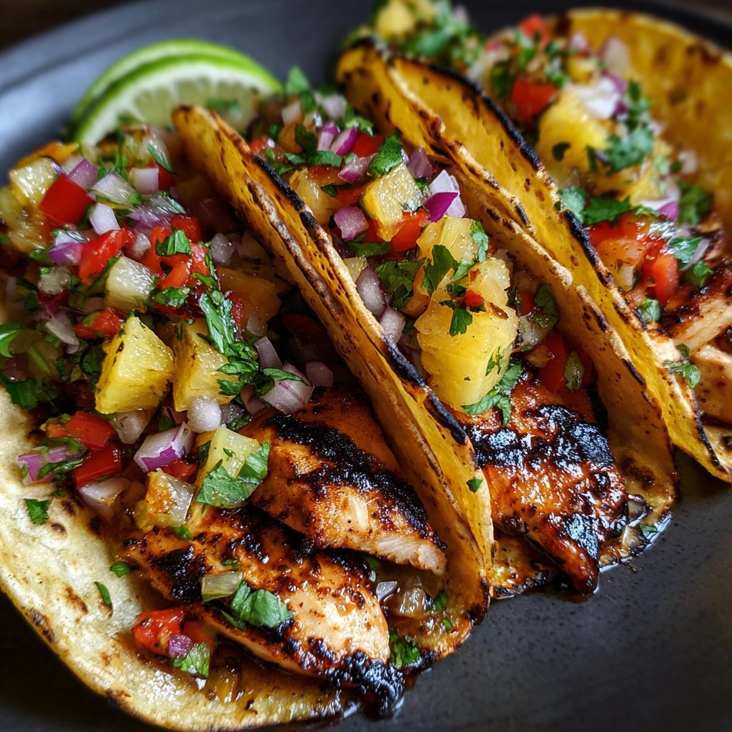 Teriyaki Chicken Tacos with Grilled Pineapple Pear Salsa