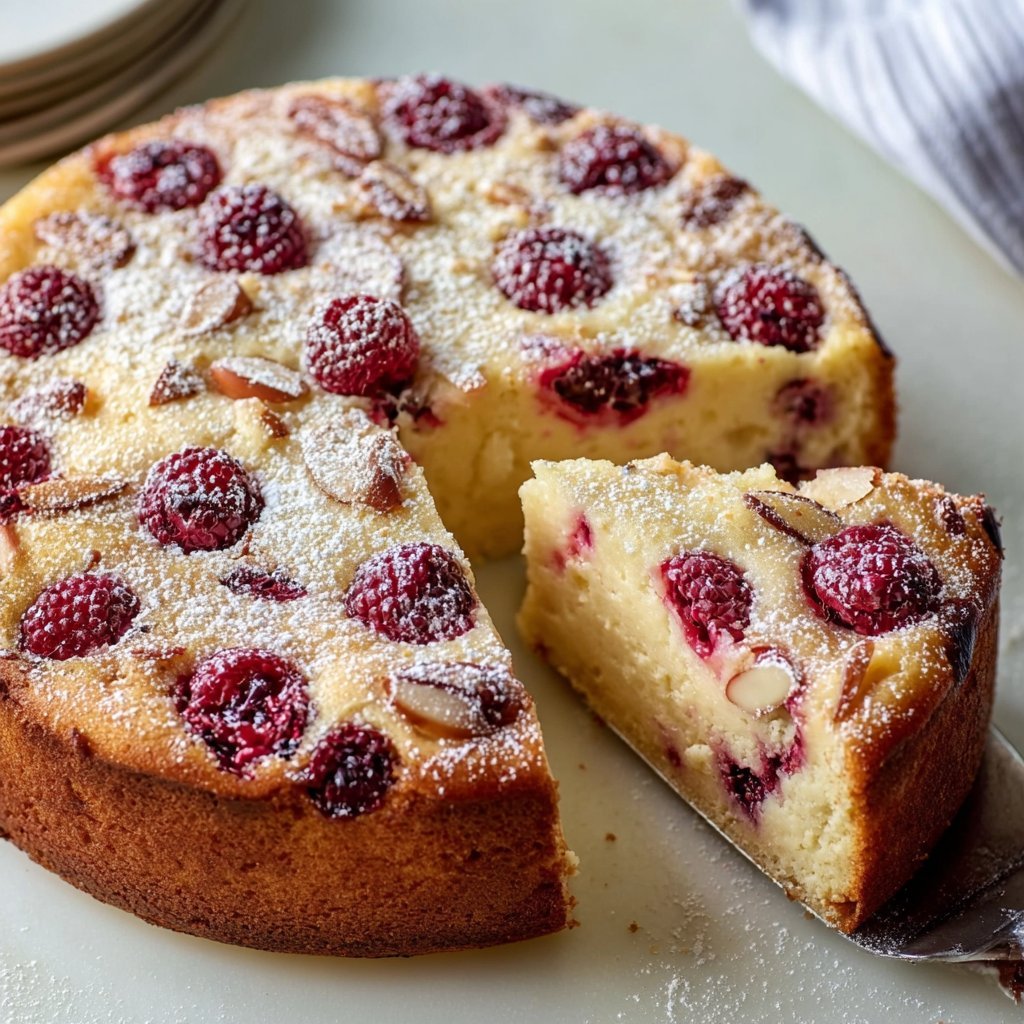 Raspberry and almond ricotta dessert cake