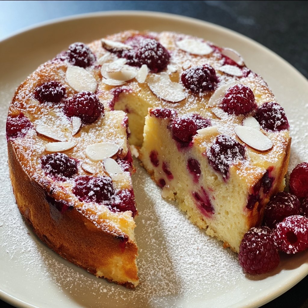 Raspberry and almond ricotta dessert cake