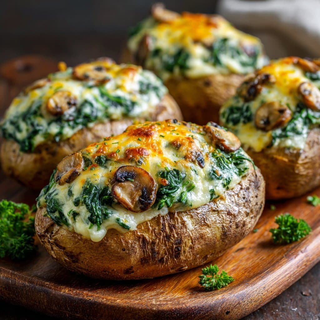 Baked Potatoes with Spinach Cheese and Mushrooms