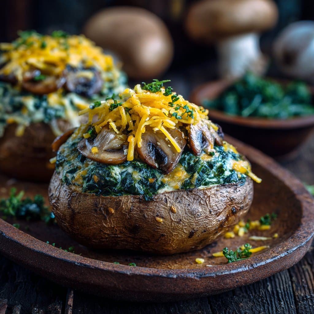 Baked Potatoes with Spinach Cheese and Mushrooms