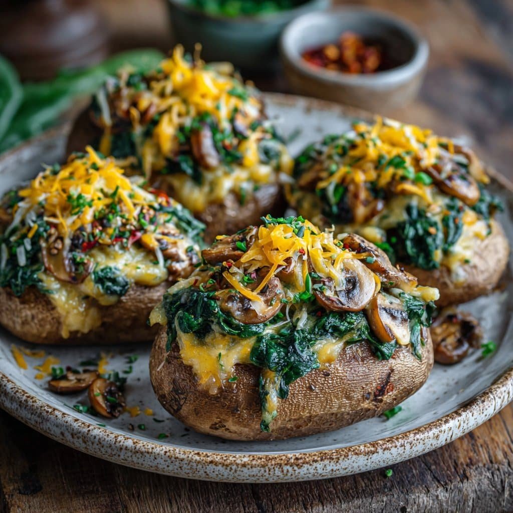 Baked Potatoes with Spinach Cheese and Mushrooms