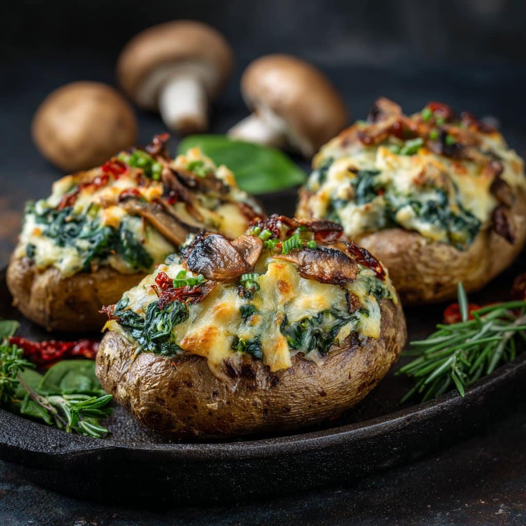 Baked Potatoes with Spinach Cheese and Mushrooms