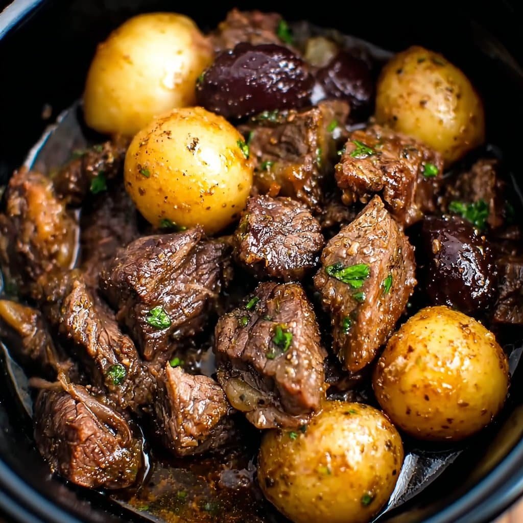 Crockpot garlic butter beef bites with potatoes