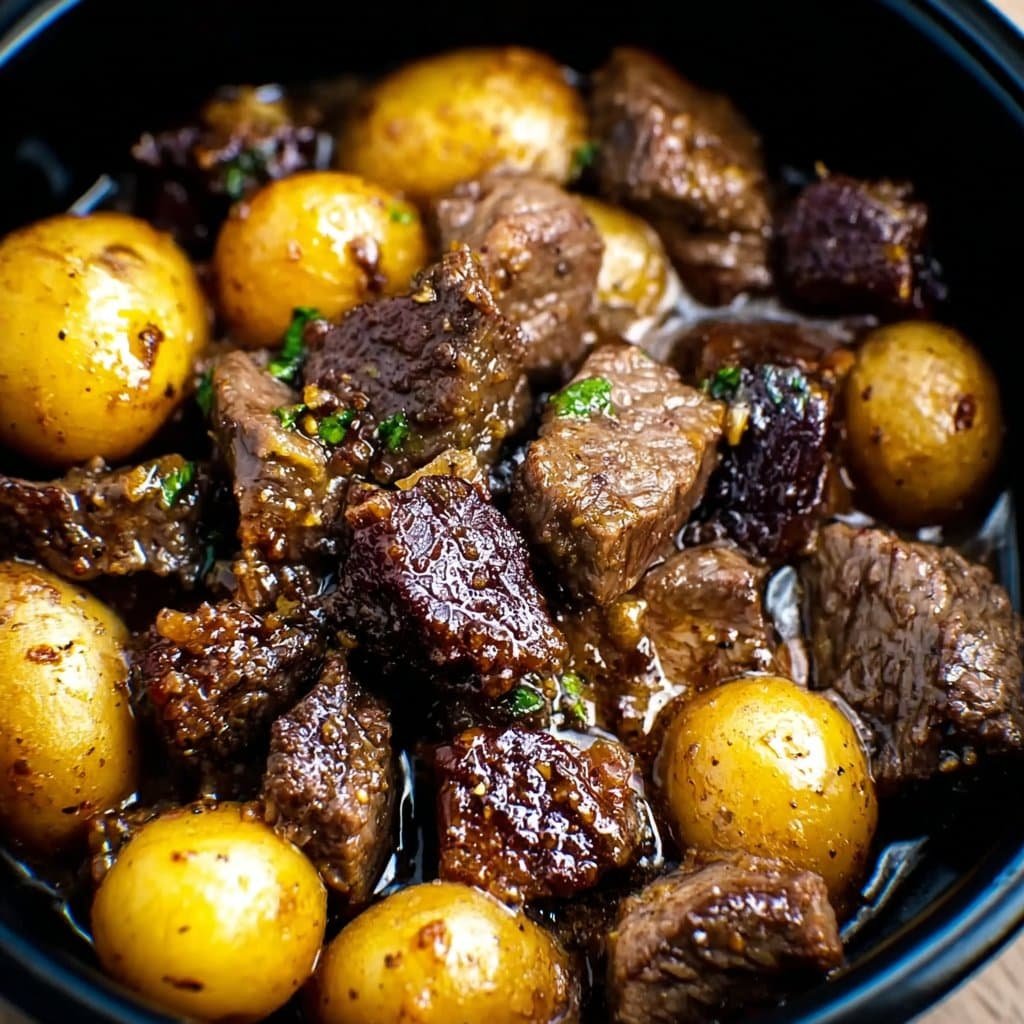 Crockpot garlic butter beef bites with potatoes