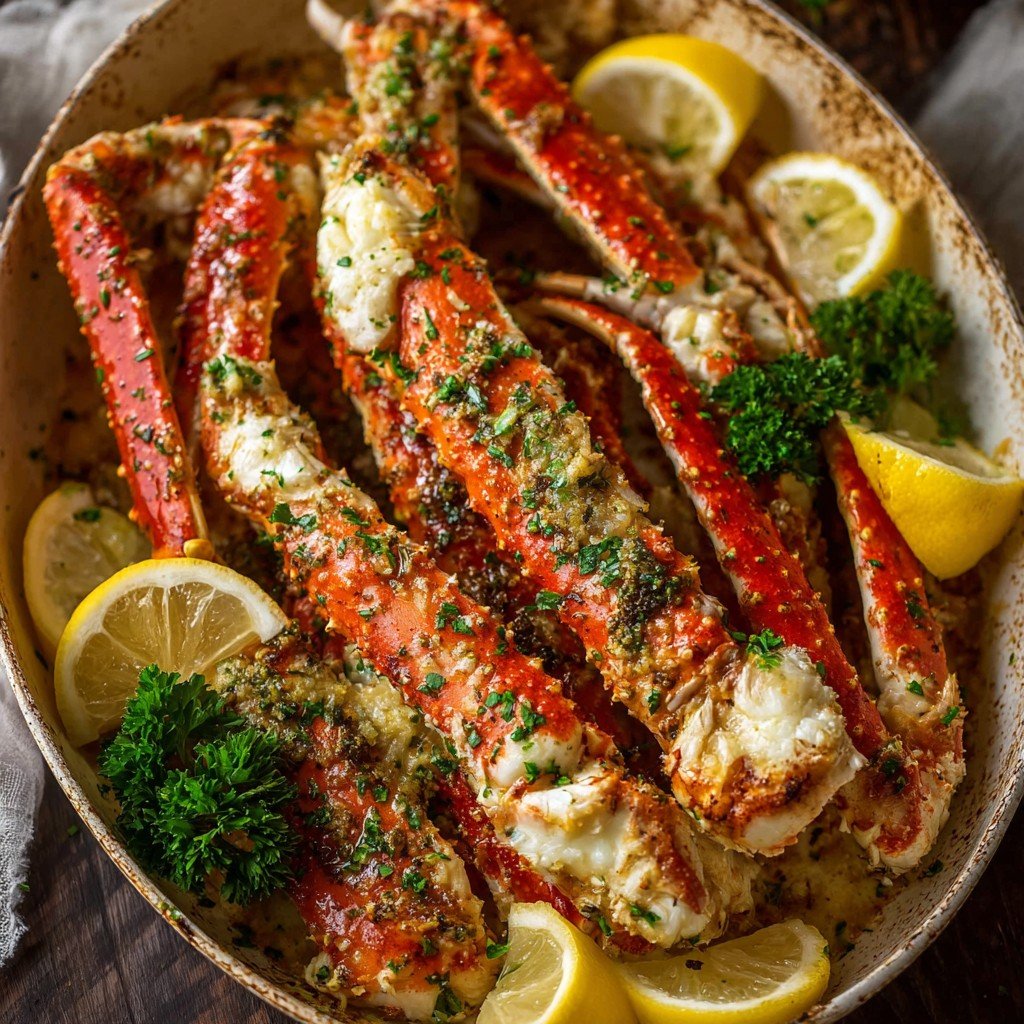 Oven-Baked Crab Legs with Compound Butter Sauce and Aromatic Herbs