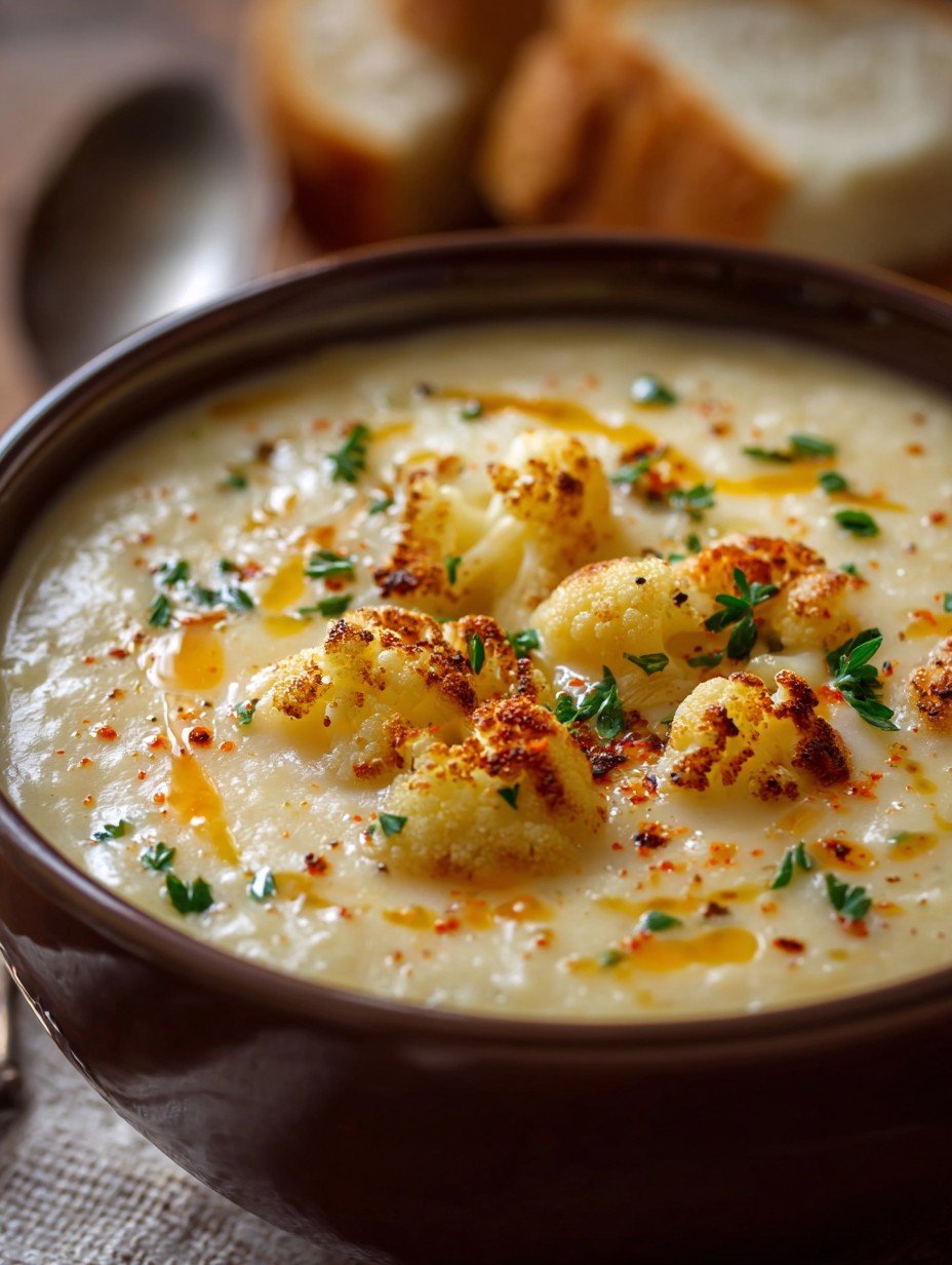 Creamy Cheddar Cauliflower & Roasted Garlic Soup Recipe