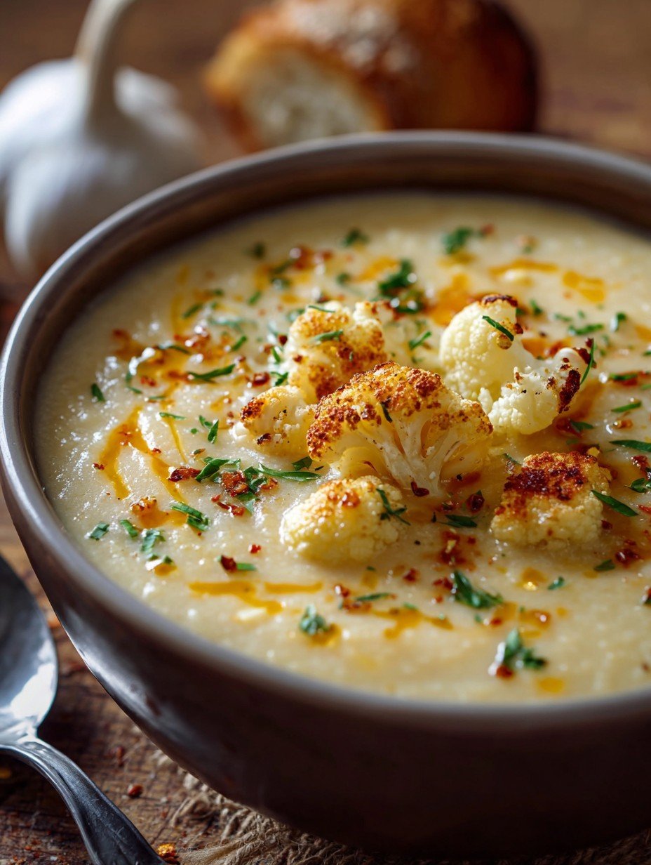 Creamy Cheddar Cauliflower & Roasted Garlic Soup Recipe