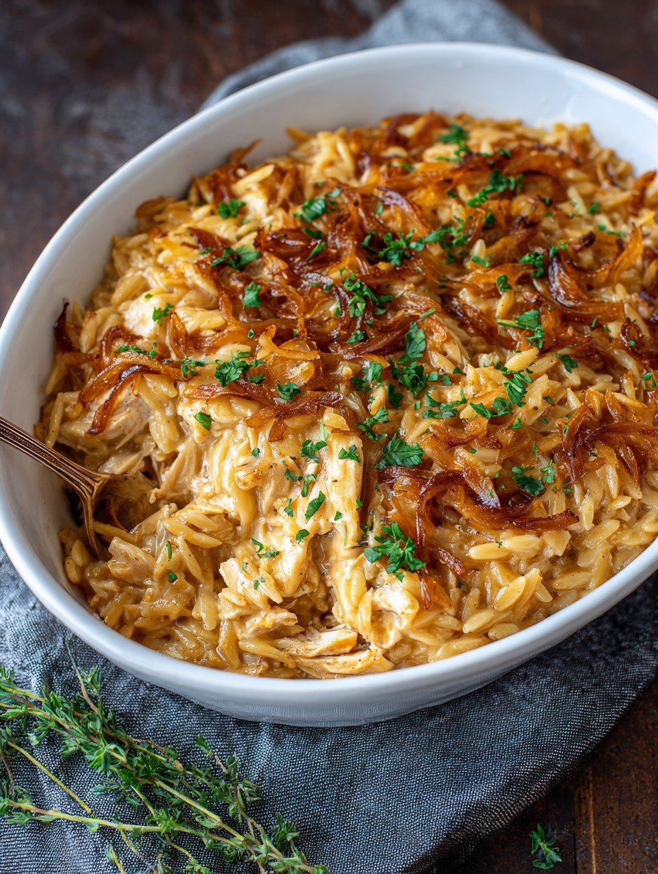French Onion Chicken Orzo Casserole