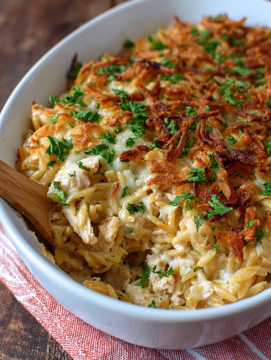 French Onion Chicken Orzo Casserole