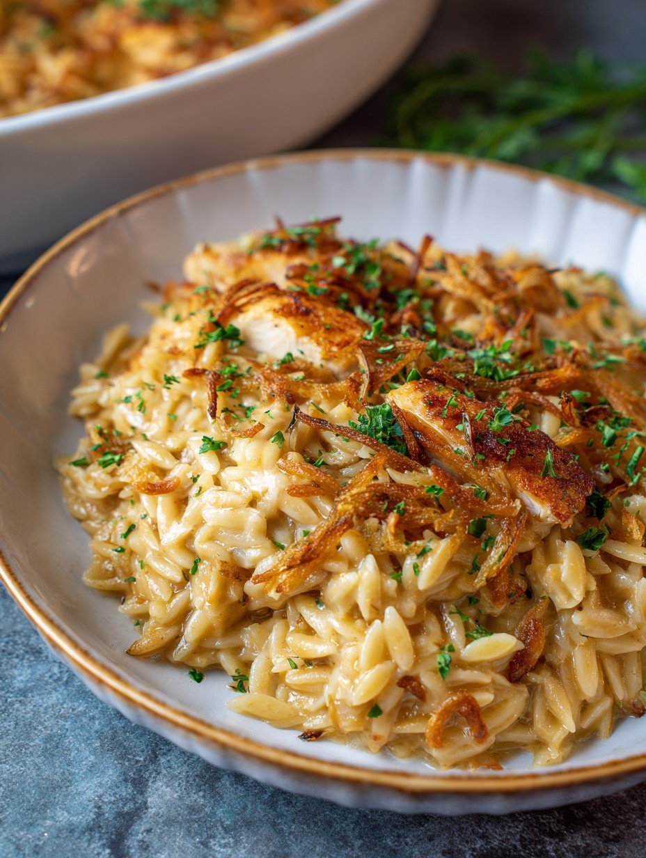 French Onion Chicken Orzo Casserole