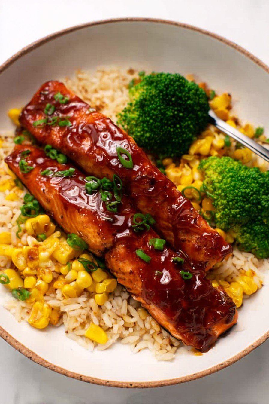 Baked BBQ Salmon with Buttery Corn Rice
