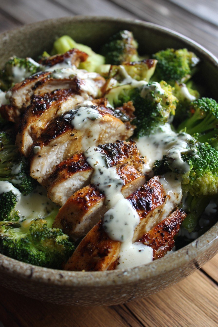 Grilled Chicken & Broccoli Bowls with Creamy Garlic Sauce