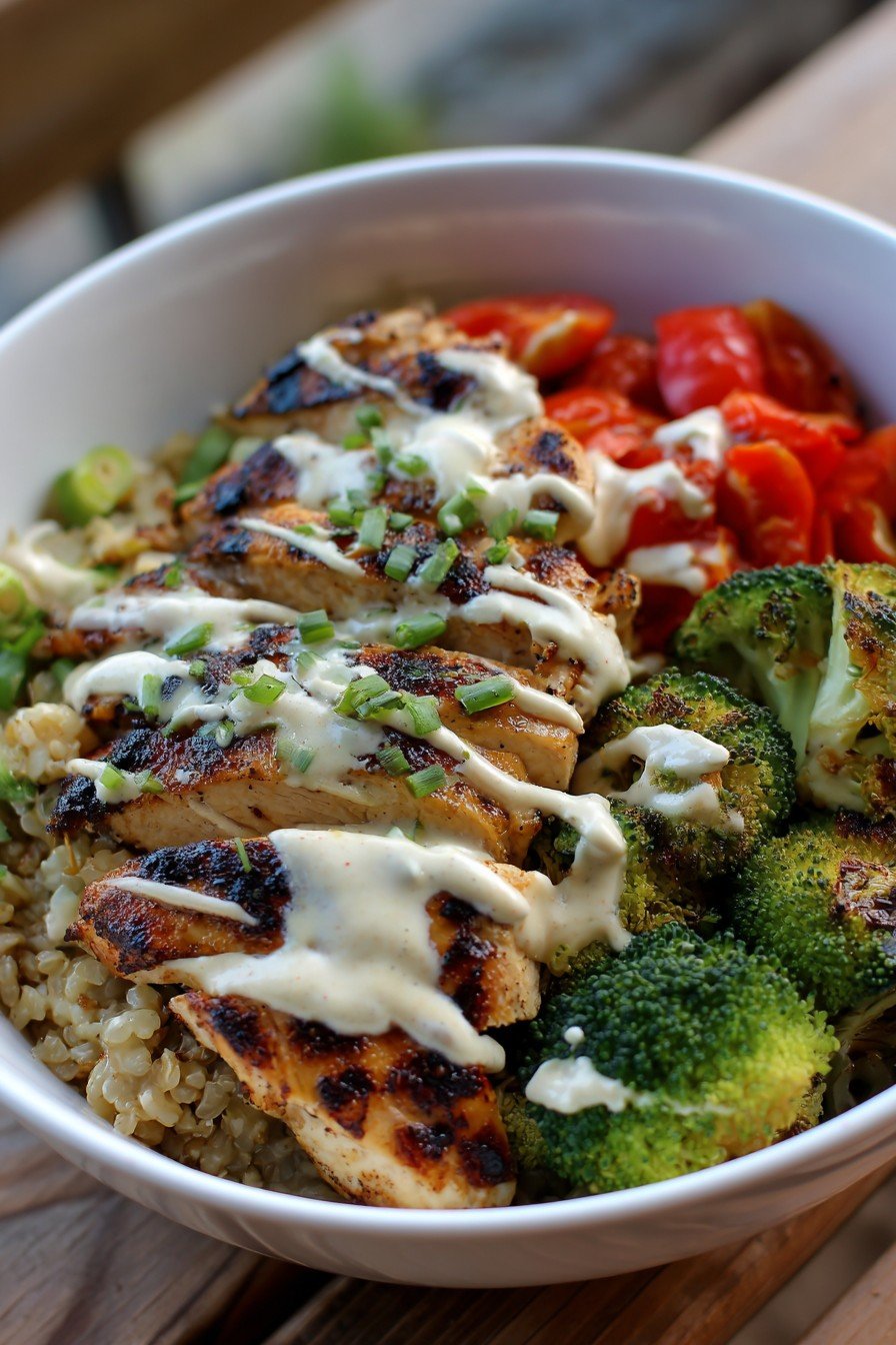 Grilled Chicken & Broccoli Bowls with Creamy Garlic Sauce