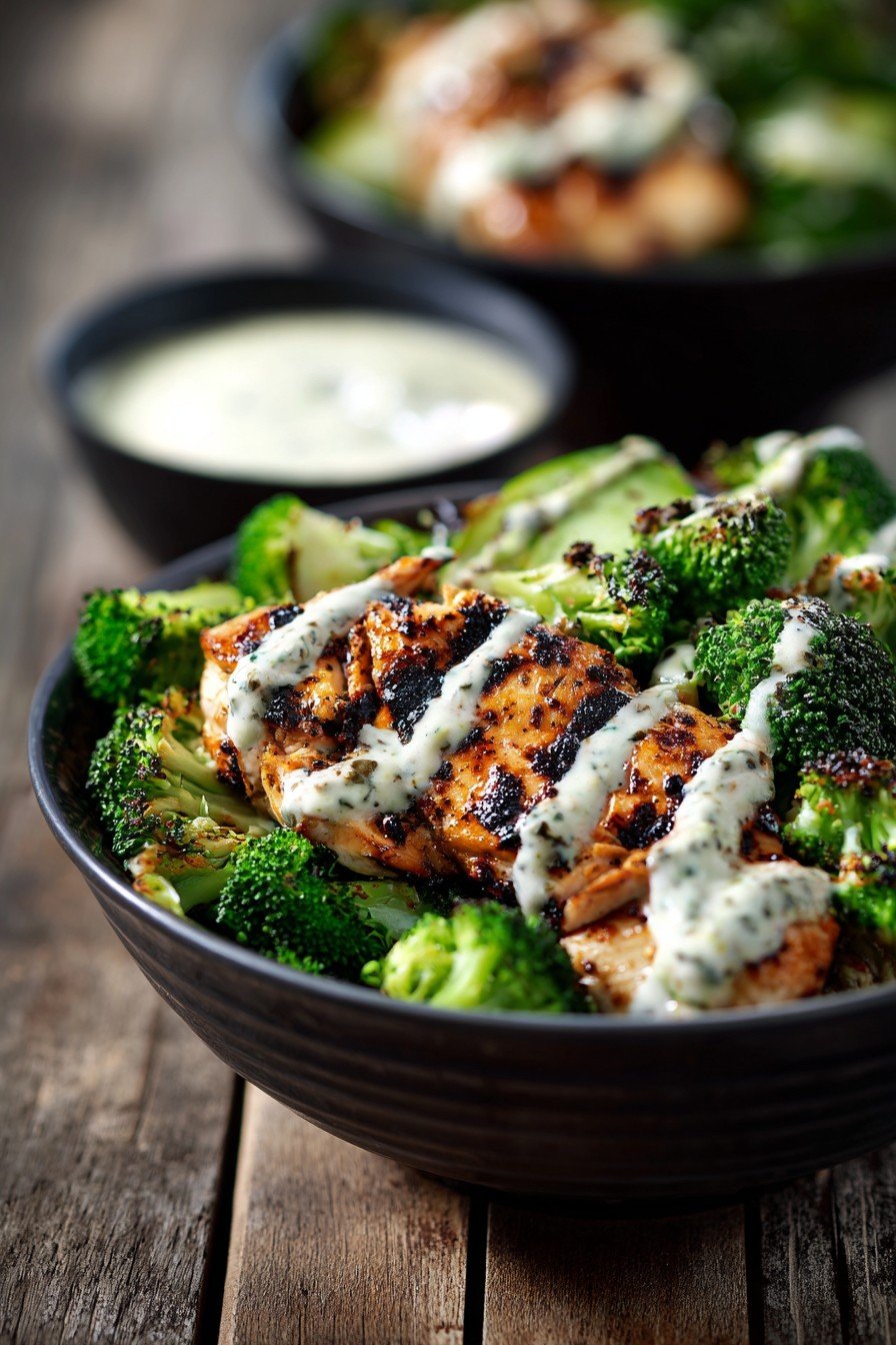 Grilled Chicken & Broccoli Bowls with Creamy Garlic Sauce