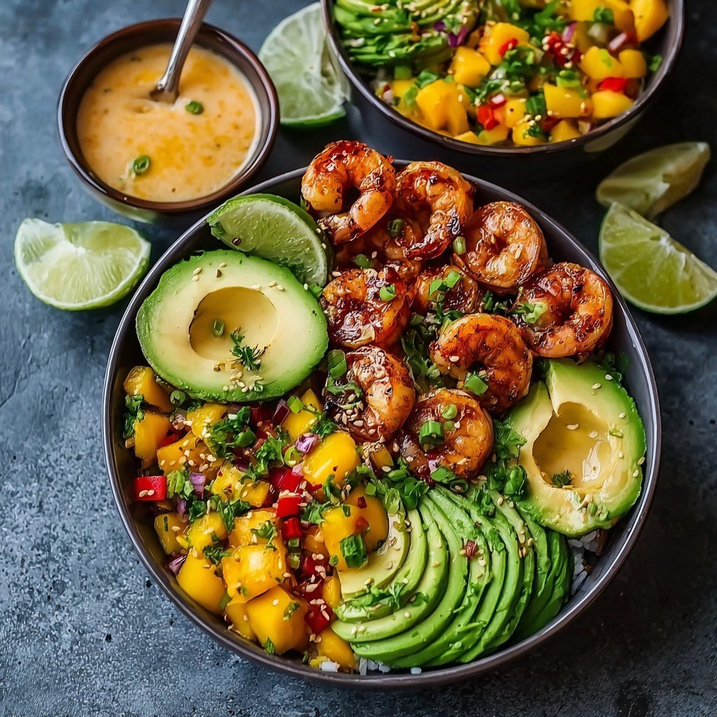 Shrimp and Avocado Bowls with Mango Salsa & Lime-Chili Sauce