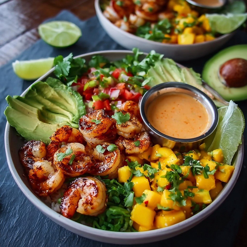 Shrimp and Avocado Bowls with Mango Salsa & Lime-Chili Sauce