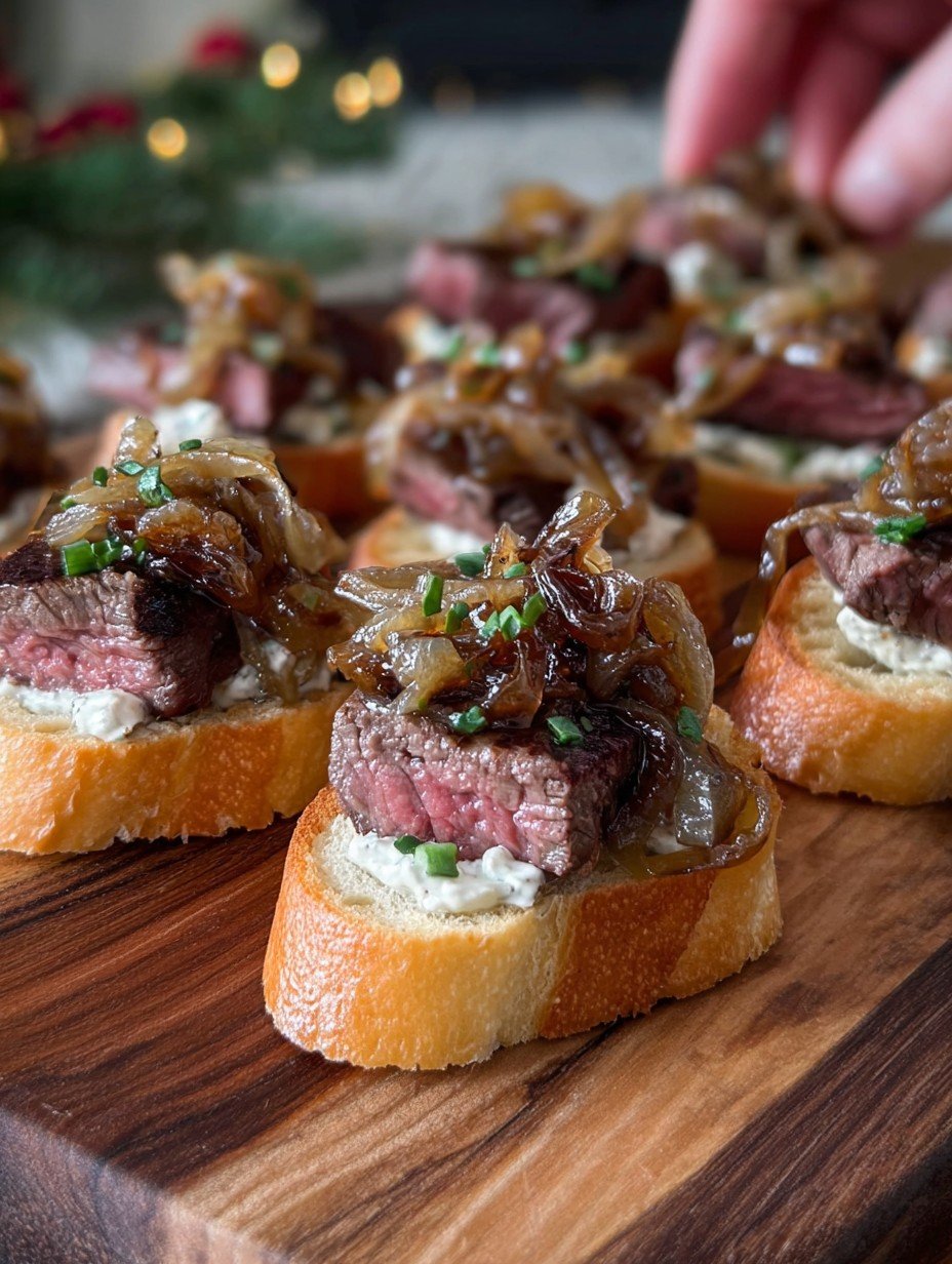 Steak Crostini with Horseradish Sauce & Caramelized Onions Holiday Appetizer