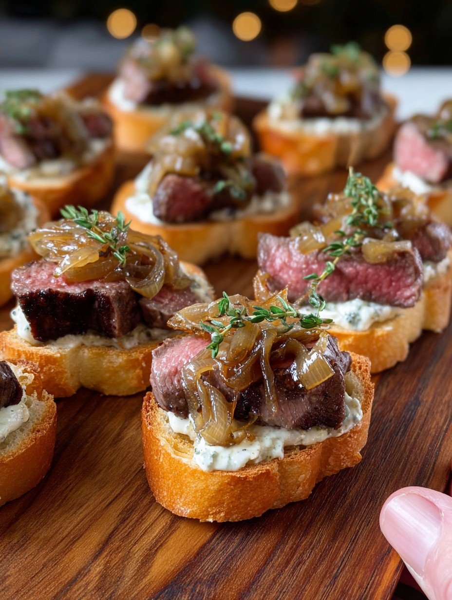 Steak Crostini with Horseradish Sauce & Caramelized Onions Holiday Appetizer