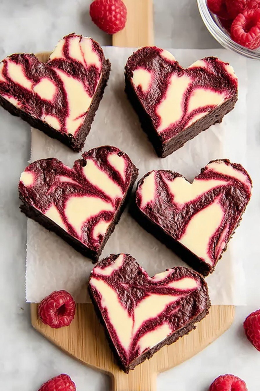 Heart Shaped Brownies (with Raspberry Swirl and Cheesecake Topping)
