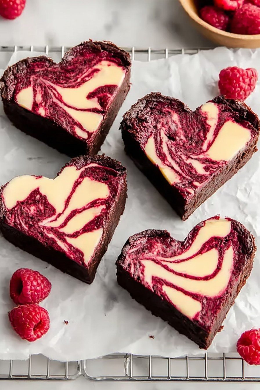 Heart Shaped Brownies (with Raspberry Swirl and Cheesecake Topping)