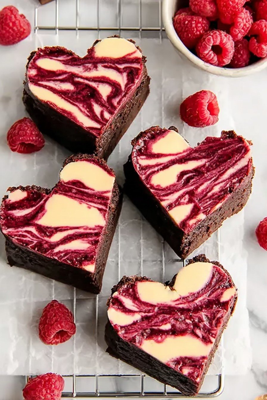 Heart Shaped Brownies (with Raspberry Swirl and Cheesecake Topping)