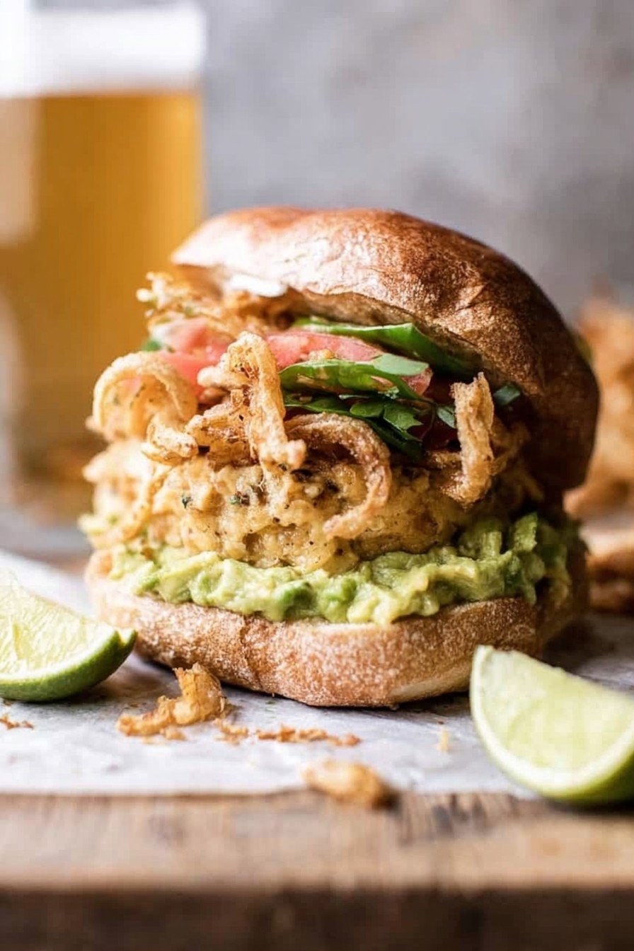 Jalapeño Cheddar Guacamole Turkey Burgers with Crispy Onions