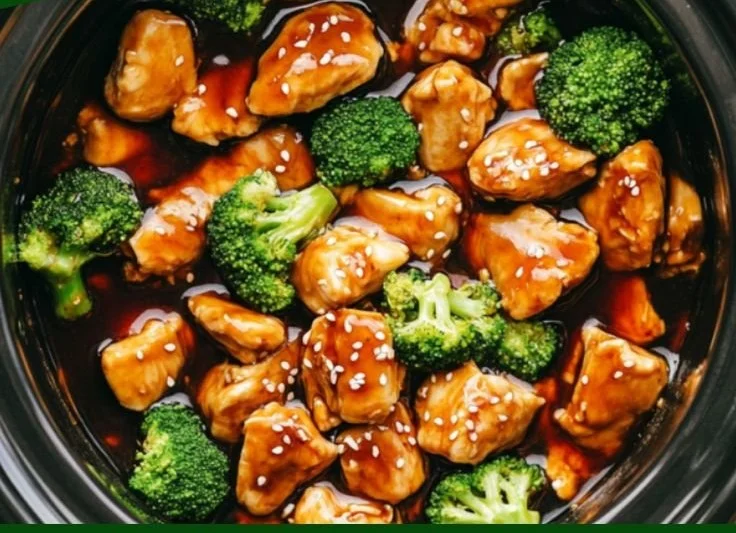 Crockpot Teriyaki Chicken in a bowl garnished with sesame seeds and green onions