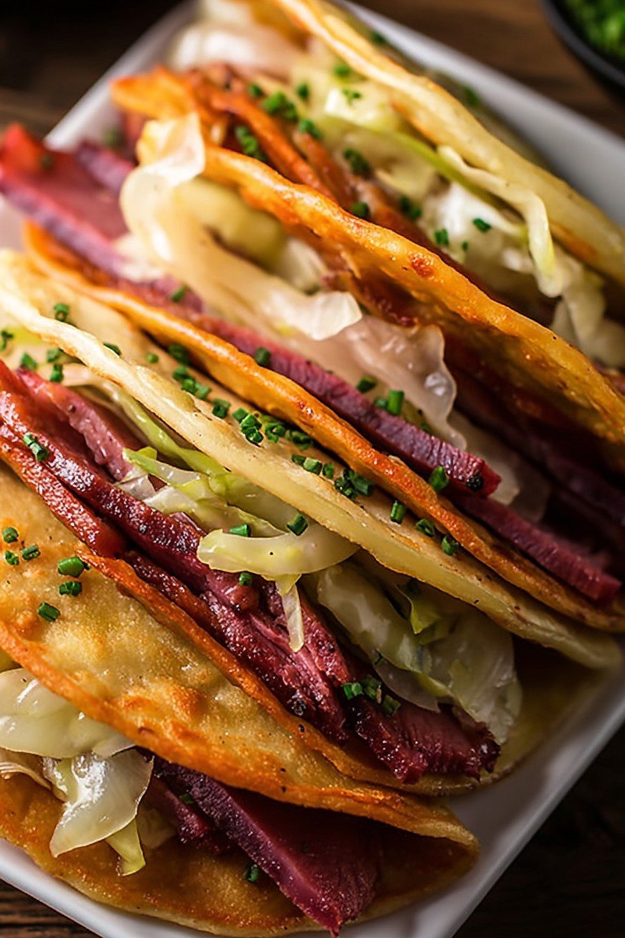 Irish Tacos with Potatoes, Corned Beef, Cabbage, and Onions