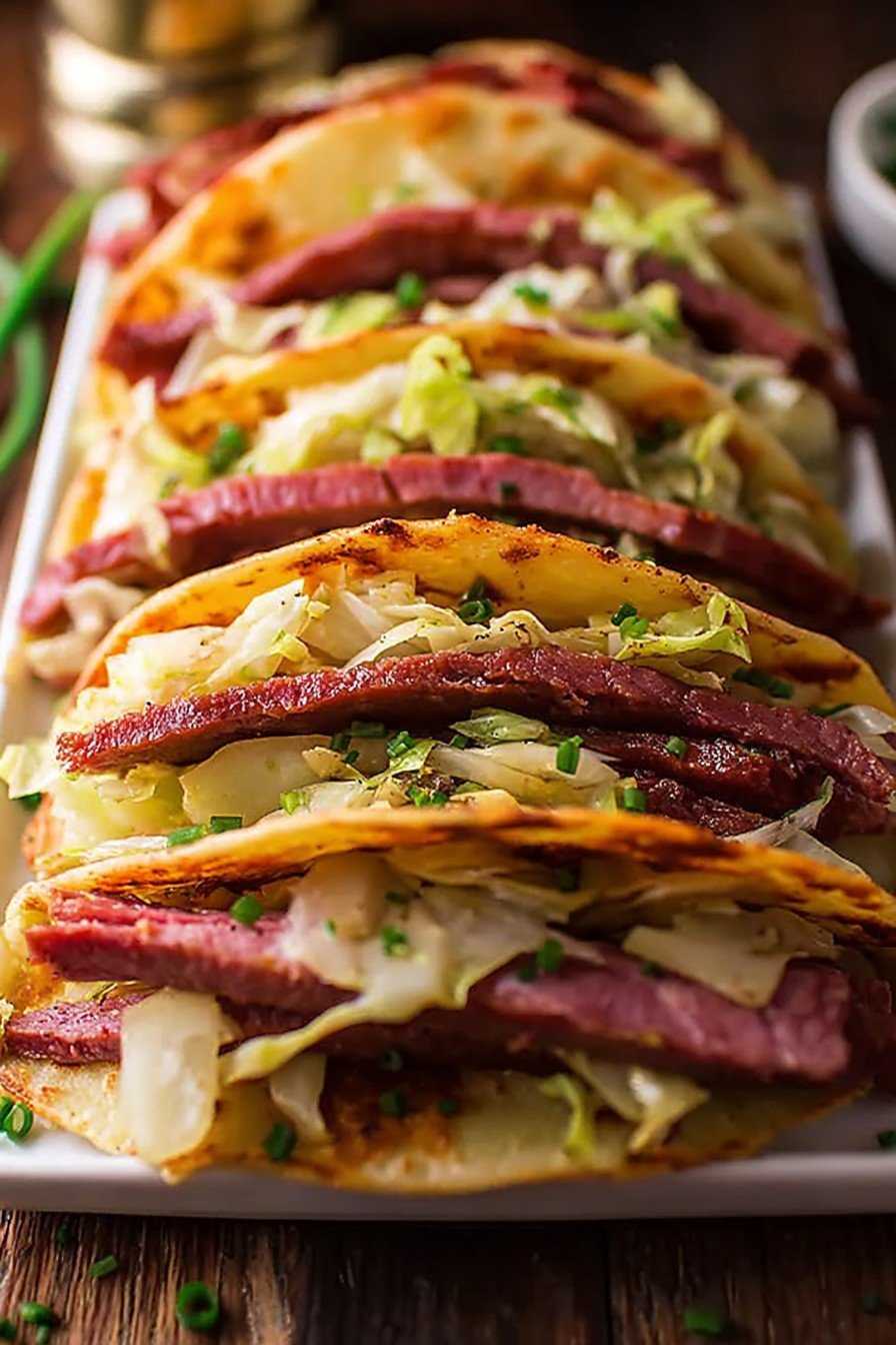 Irish Tacos with Potatoes, Corned Beef, Cabbage, and Onions