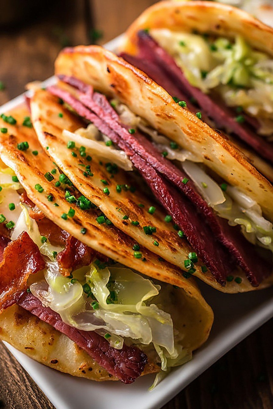 Irish Tacos with Potatoes, Corned Beef, Cabbage, and Onions