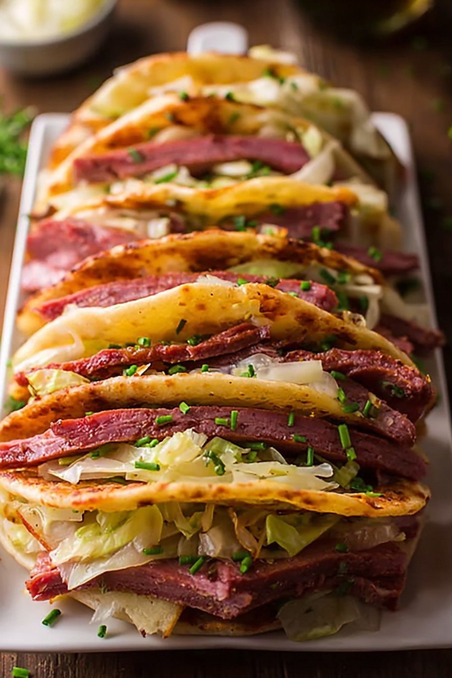 Irish Tacos with Potatoes, Corned Beef, Cabbage, and Onions
