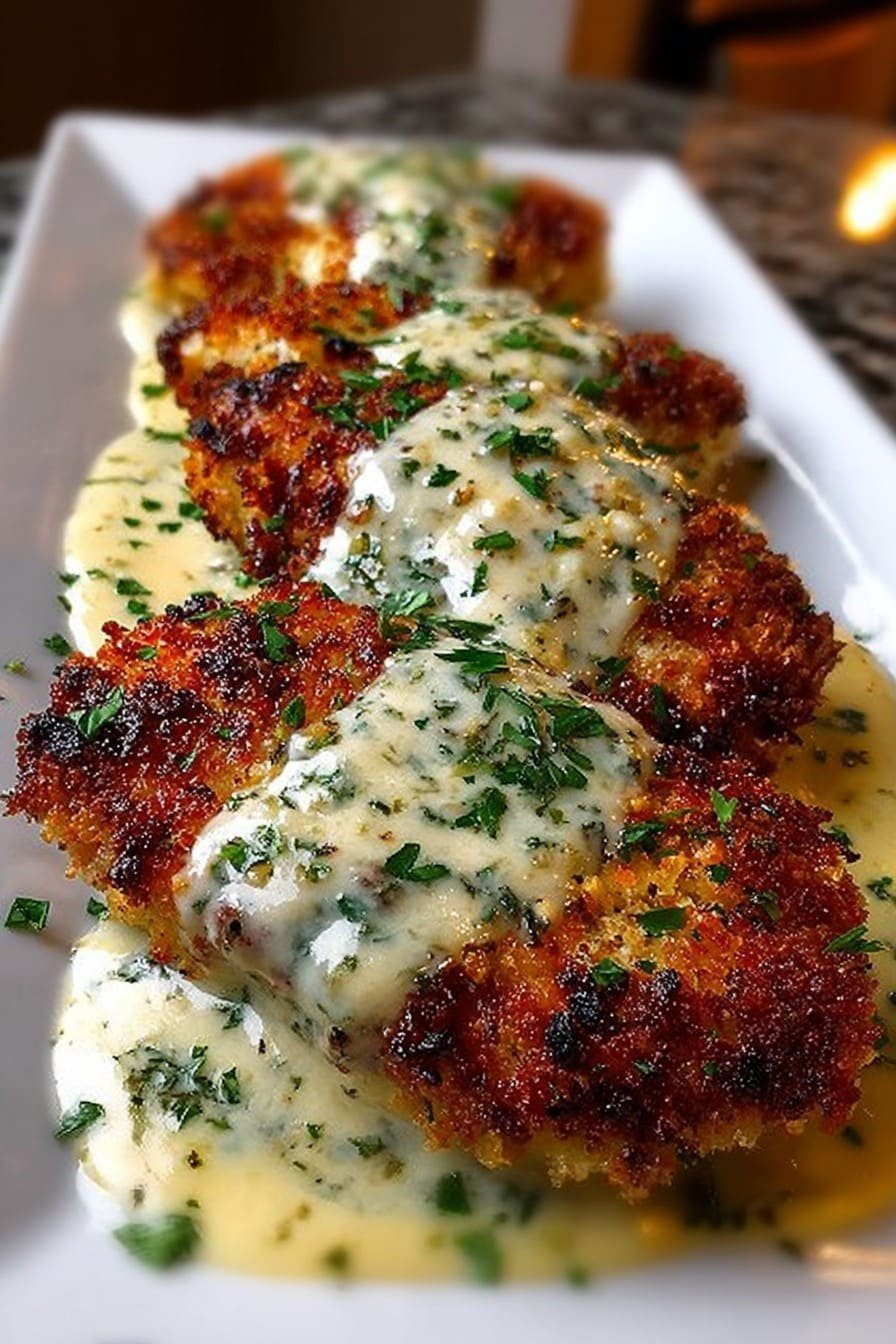 Parmesan Crusted Chicken With Creamy Garlic Sauce