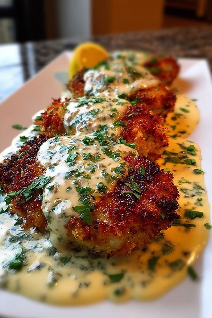 Parmesan Crusted Chicken With Creamy Garlic Sauce