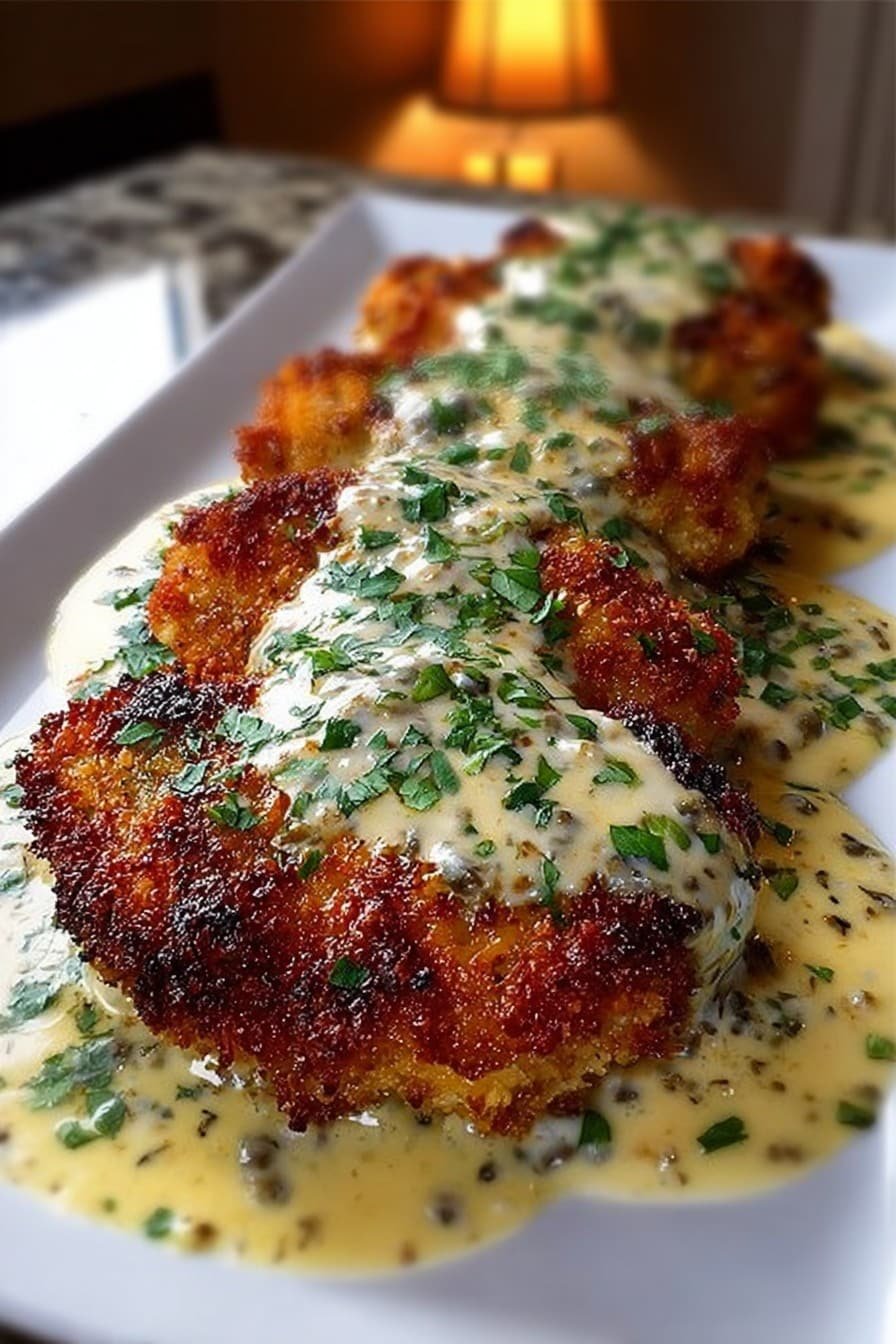 Parmesan Crusted Chicken With Creamy Garlic Sauce