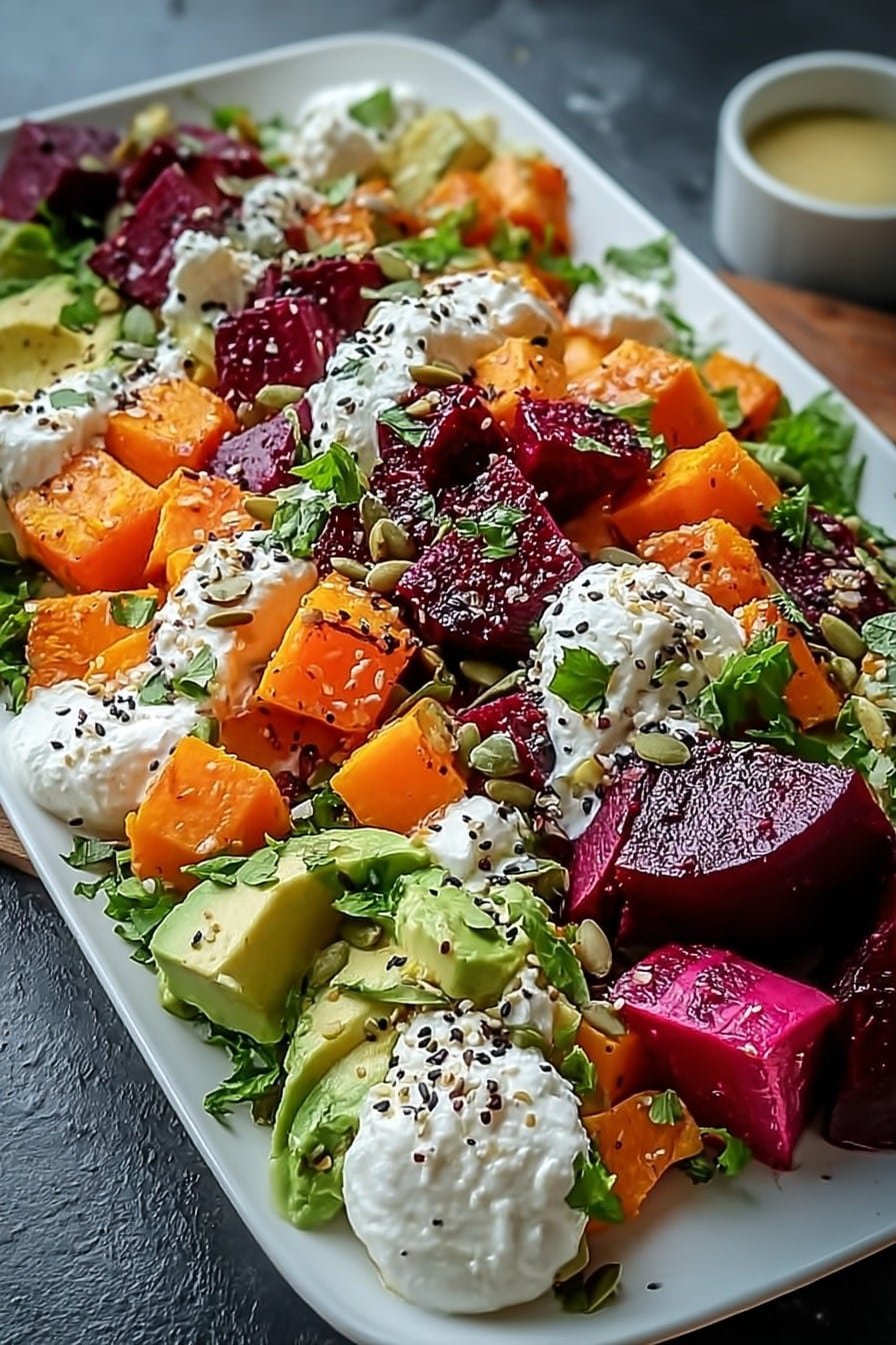 Roasted Beet, Sweet Potato & Avocado Salad with Whipped Ricotta & Lemon-Tahini Drizzle
