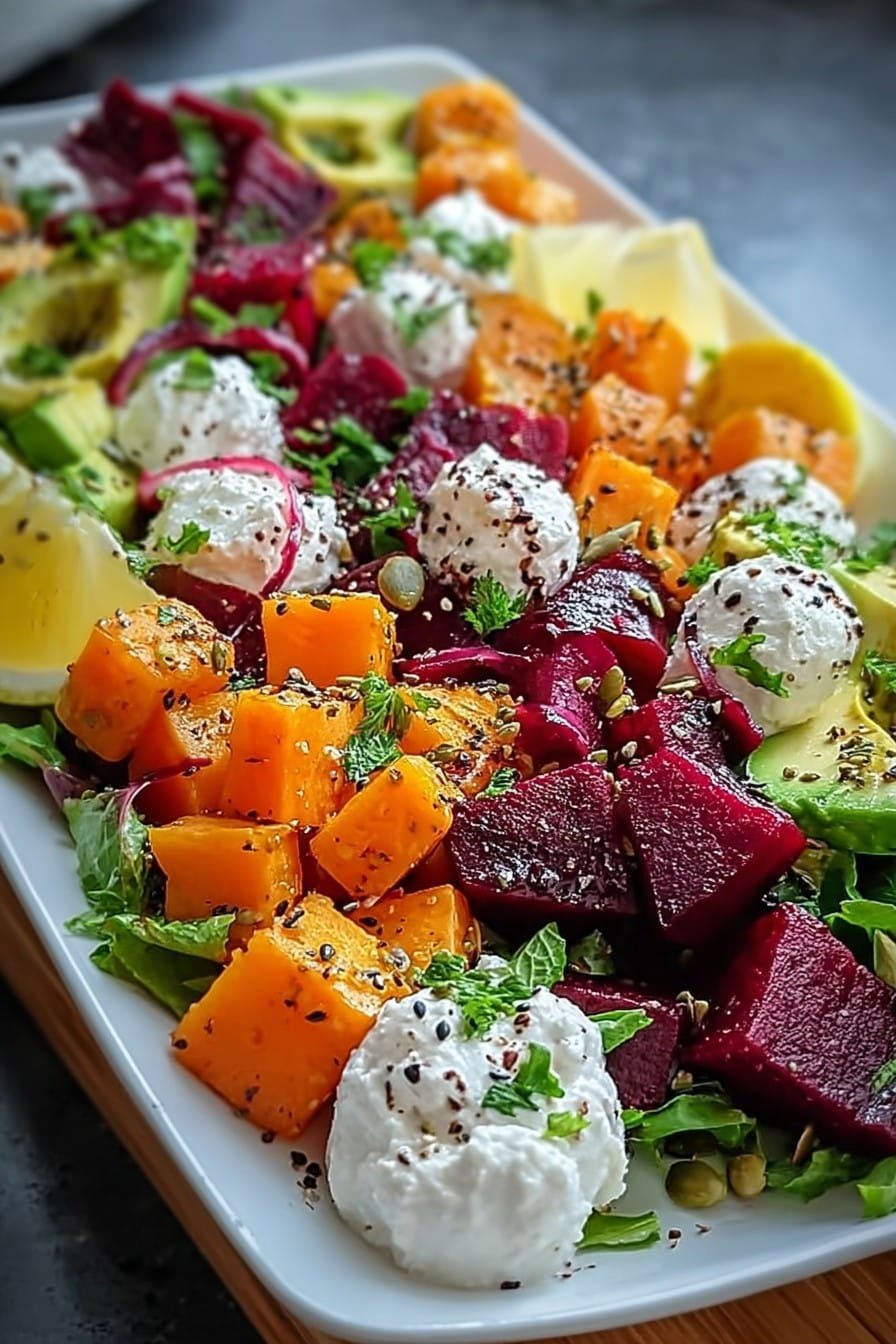 Roasted Beet, Sweet Potato & Avocado Salad with Whipped Ricotta & Lemon-Tahini Drizzle