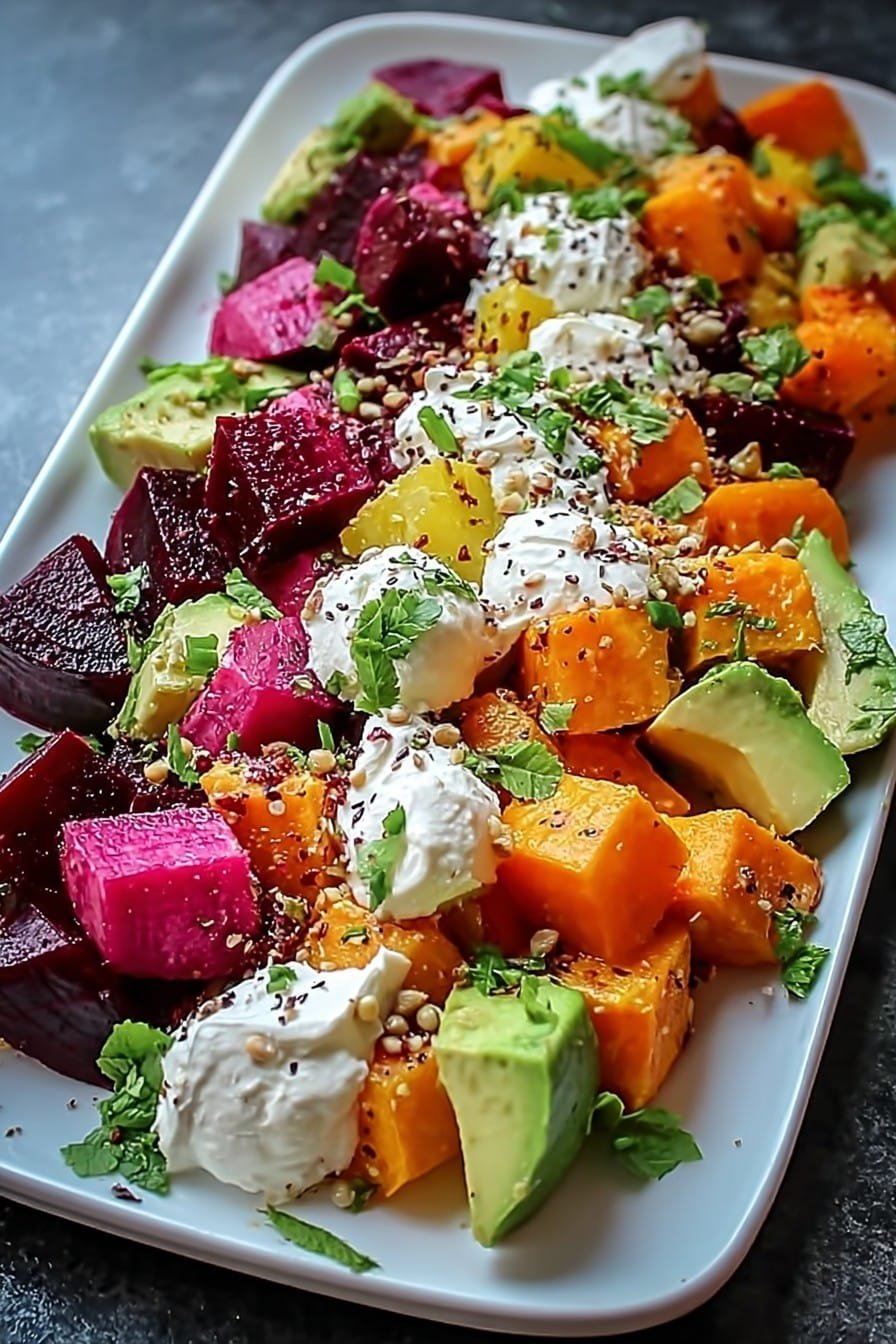 Roasted Beet, Sweet Potato & Avocado Salad with Whipped Ricotta & Lemon-Tahini Drizzle