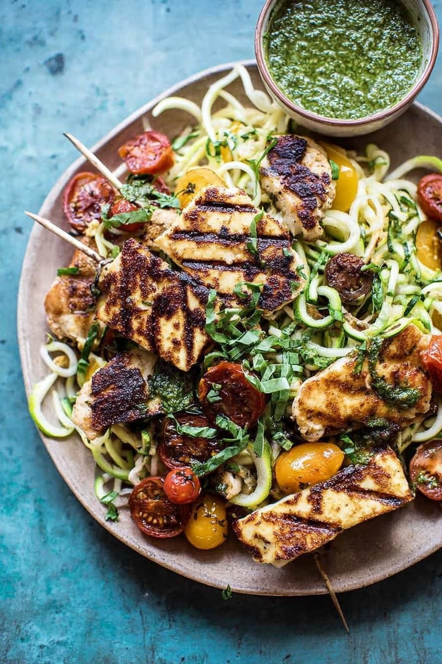 Mediterranean Chicken and Summer Squash Noodles with Fried Halloumi.